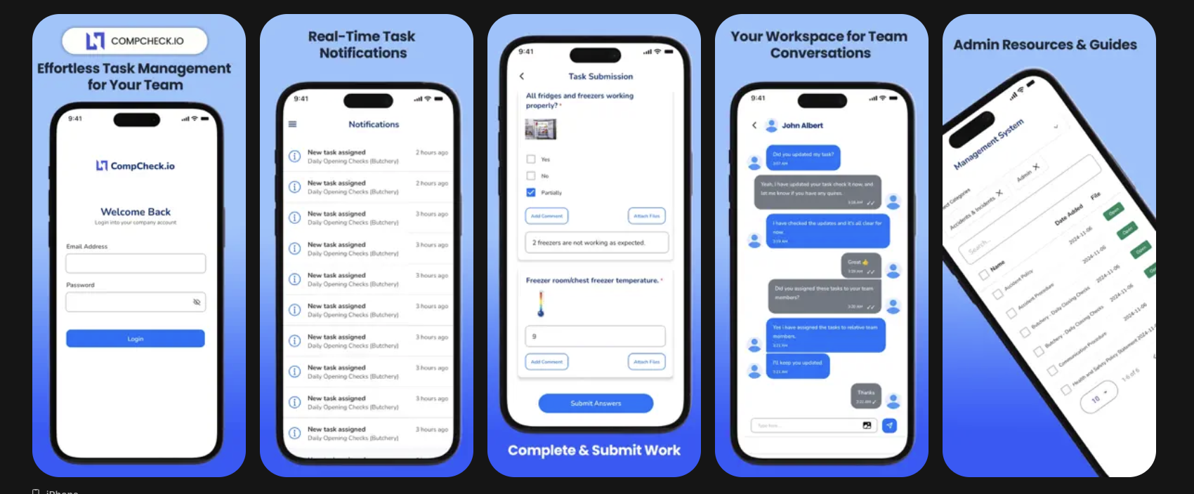 CompCheck React Native mobile app mockup — Compliance Management