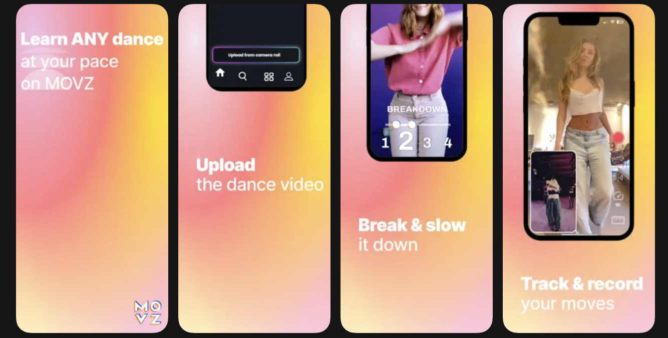 MOVZ React Native mobile app mockup — Learn Any Dance