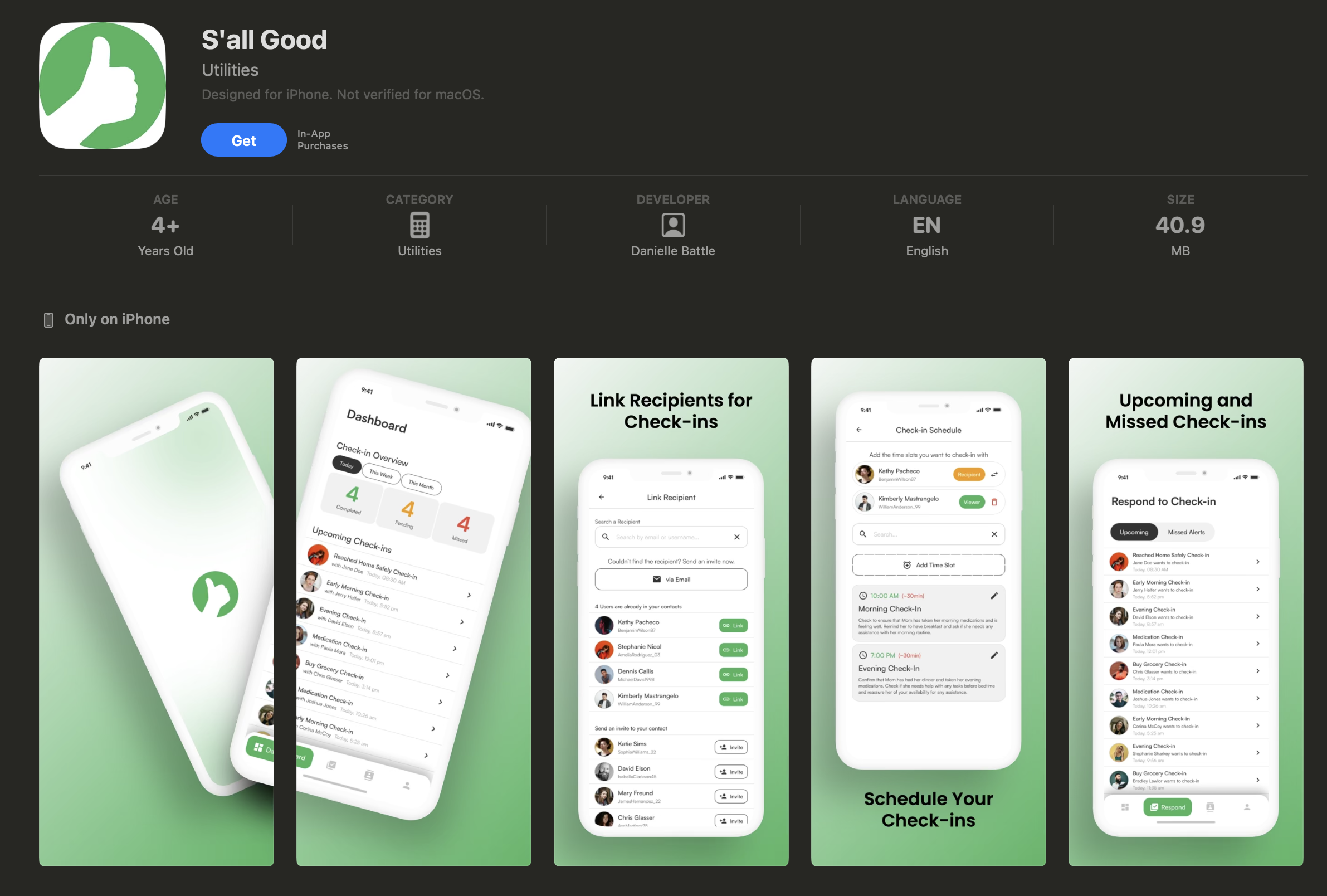 S'all Good React Native mobile app mockup — S'all Good is a mobile welfare monitoring and automated check-in application built for families, caregivers, and individuals supporting elderly or vulnerable loved ones